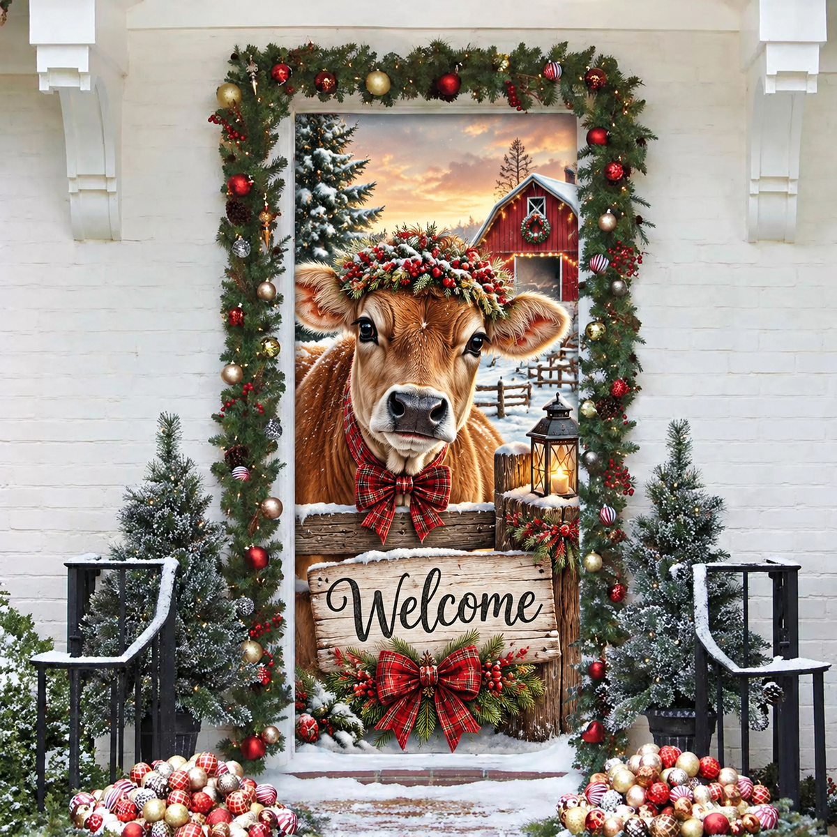 Personalized Jersey Dairy Cow LN Door Cover, Polyester Holiday Decor For Front Entrance, Custom Name Farmhouse