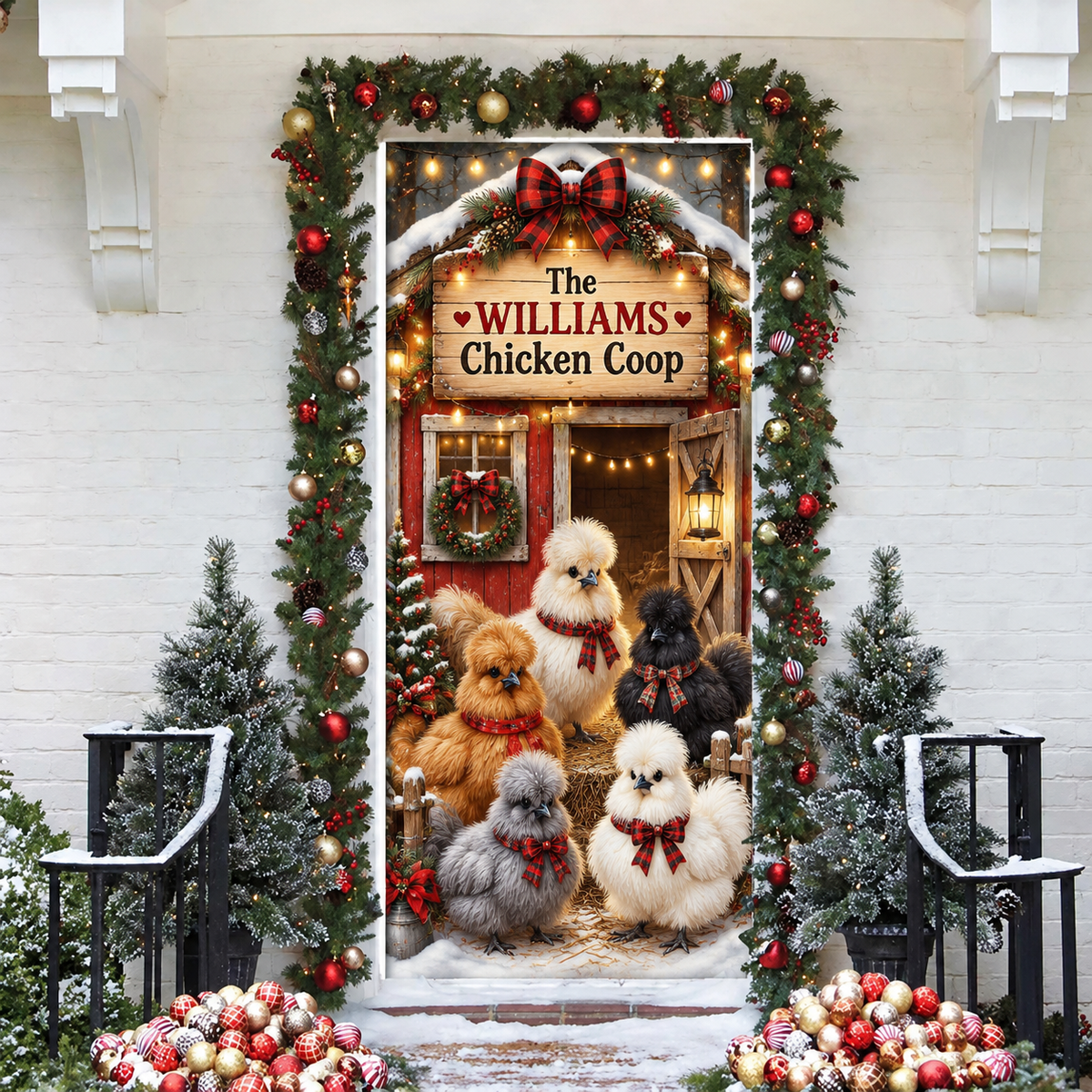 Personalized Silkie Chicken Coop LN Door Cover, Polyester Holiday Decor For Front Entrance, Custom Name Farmhouse Gift