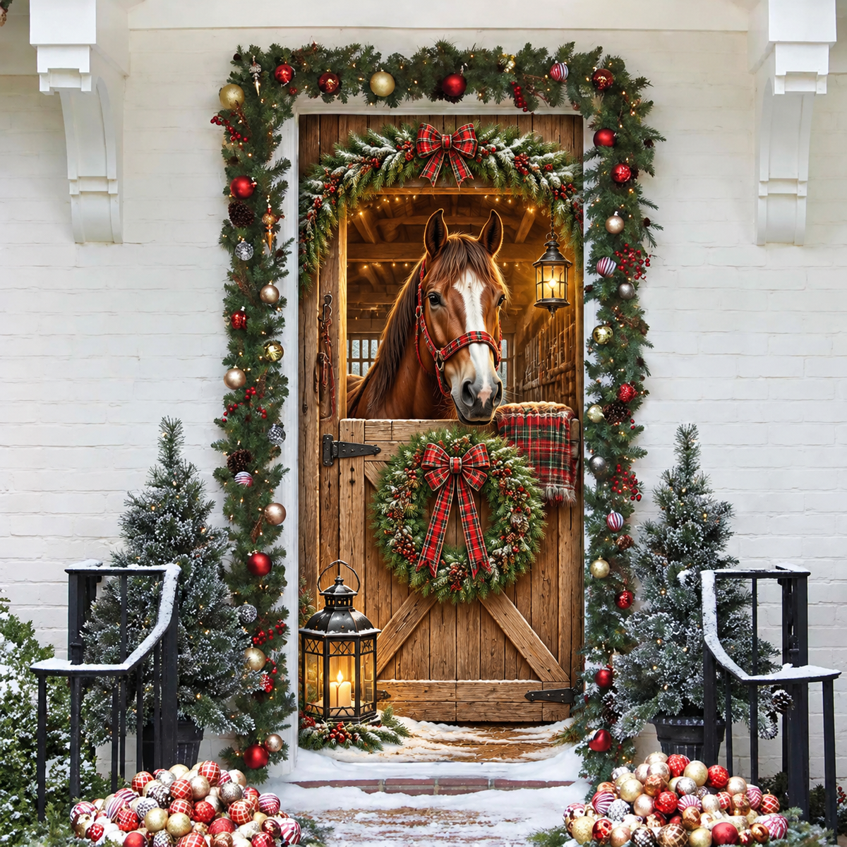 Horse Stable Holiday LN Door Cover, Personalized Equestrian Farmhouse Entry Hanging