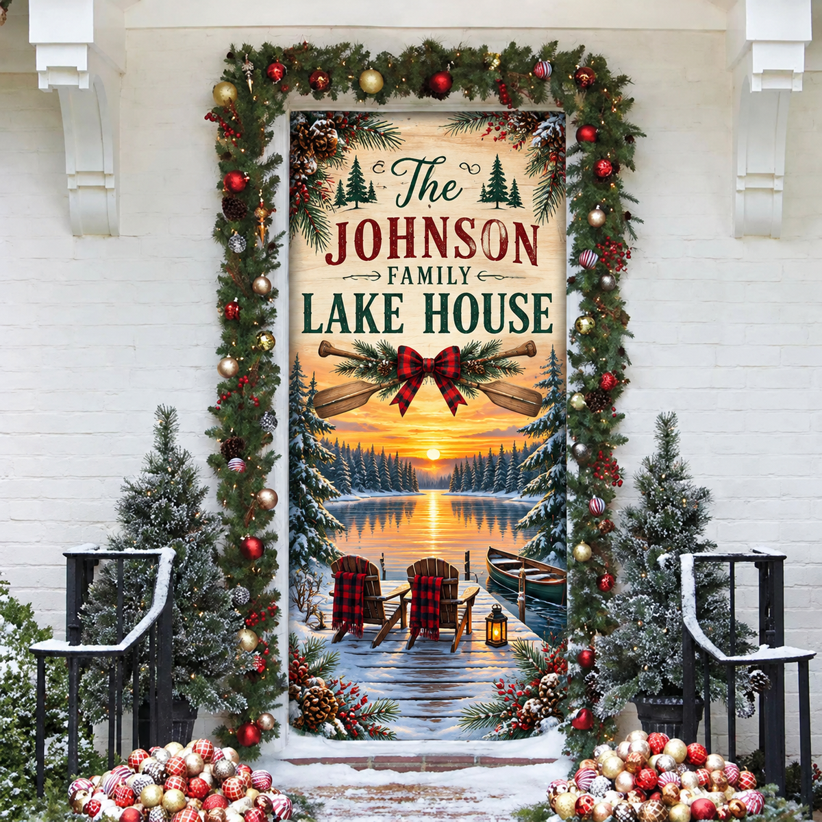 Family Lake House Holiday LN Door Cover, Personalized Lakeside Entry Hanging