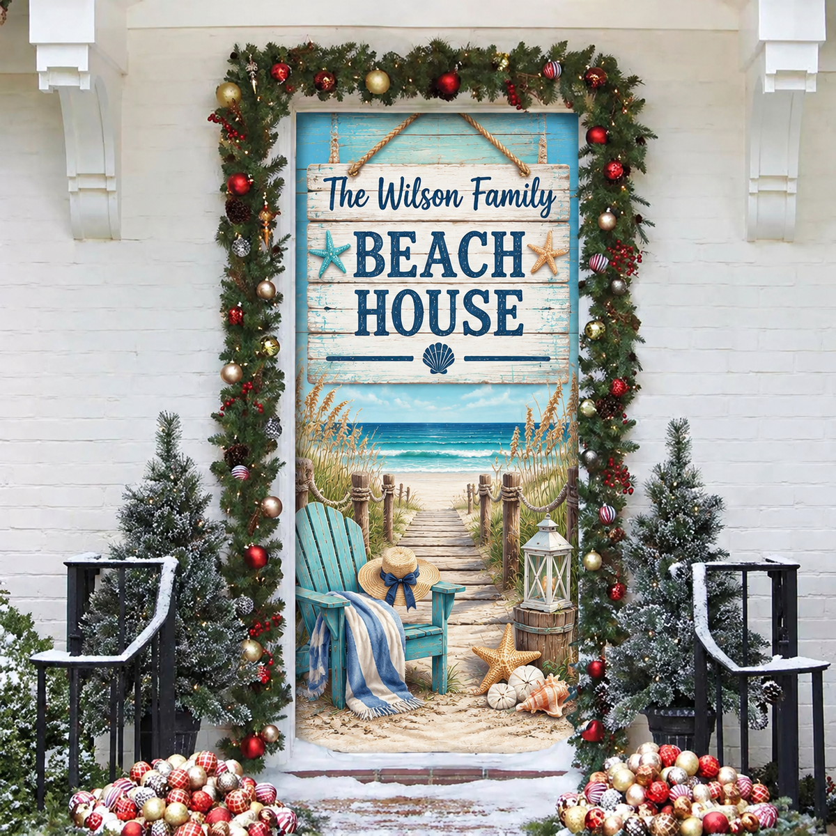 Family Beach House Holiday LN Door Cover, Personalized Coastal Entry Hanging