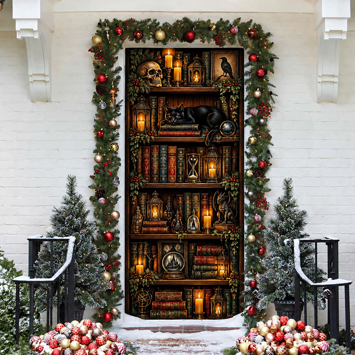 3D Gothic Library Bookshelf Holiday LN LN Door Cover, Dark Academia Entry Hanging
