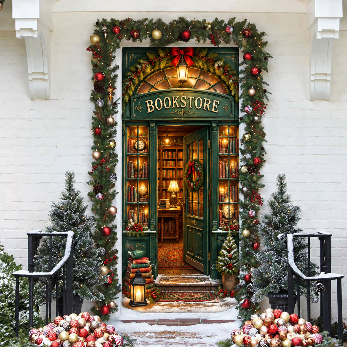 3D Vintage Bookstore Entrance Holiday LN LN Door Cover, Literary Antique Entry Hanging