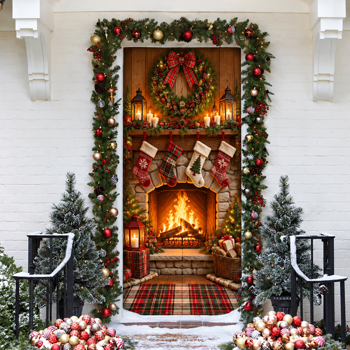 3D Cozy Fireplace Holiday LN Door Cover, Warm Winter Hearth Decor For Home Entryway
