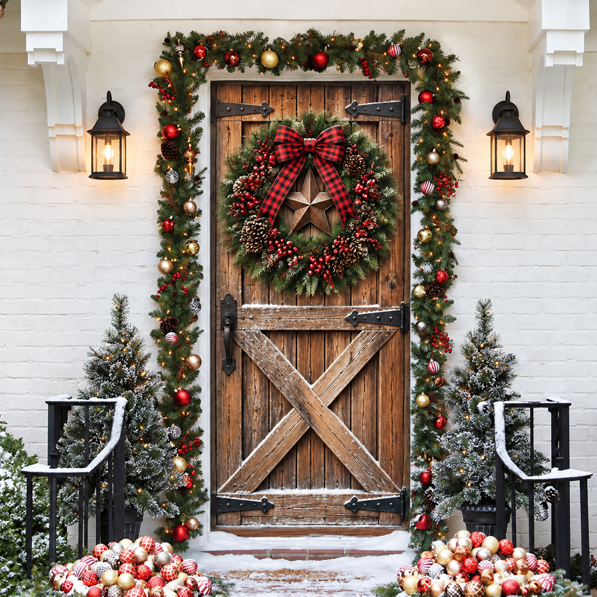 3D Rustic Wooden Barn Holiday LN Door Cover, Farmhouse Country Style Entryway Decor