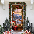 3D Mountain Cabin Window Holiday LN Door Cover, Rustic Alpine Winter Lodge Decor