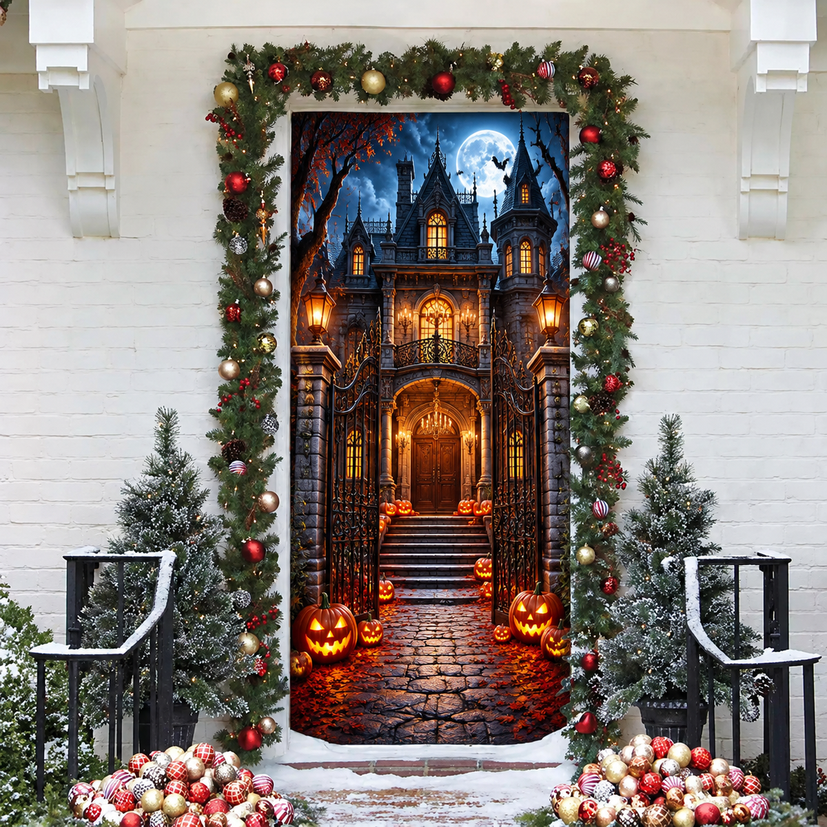 3D Haunted Mansion Holiday LN Door Cover, Spooky Gothic Halloween Entryway Decor