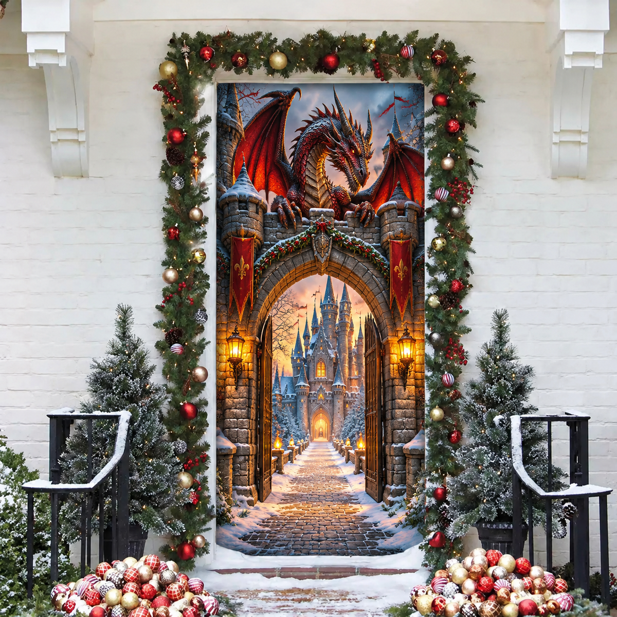 3D Dragon Castle Holiday LN Door Cover, Magical Medieval Fantasy Kingdom Decor