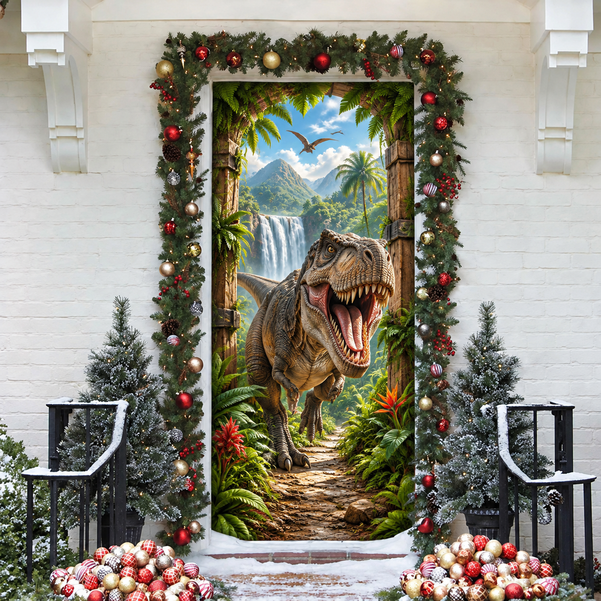 3D Dinosaur Jungle Holiday LN Door Cover, Prehistoric Tropical Adventure Entryway Decor