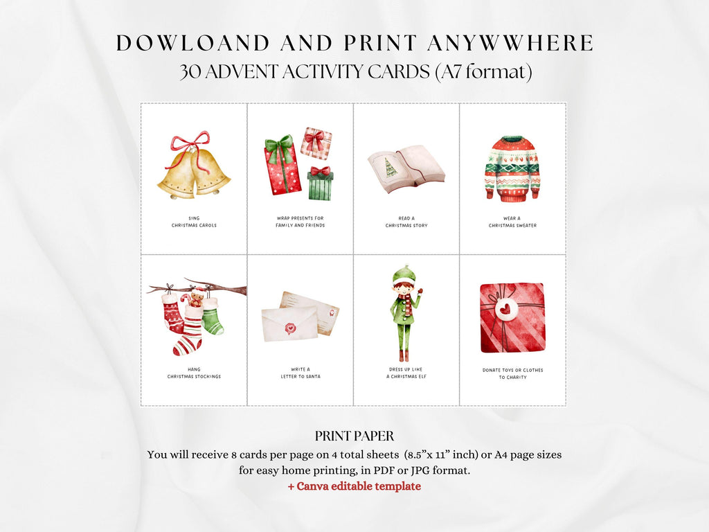 30 Editable Christmas Advent Activity Cards, Christmas Bucket List, Advent Cards, Instant , Printable Activity cards for kids, Canva