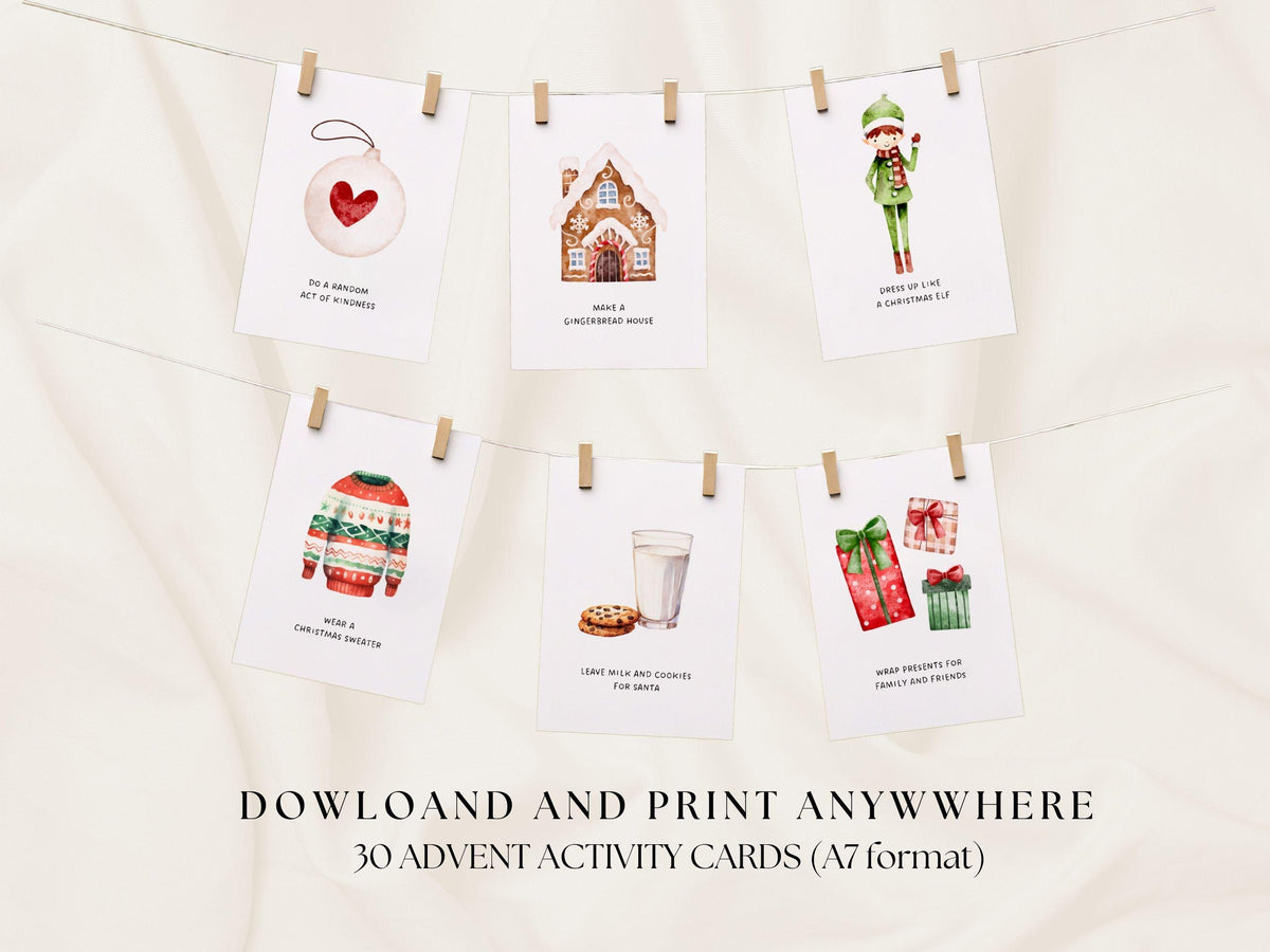 30 Editable Christmas Advent Activity Cards, Christmas Bucket List, Advent Cards, Instant , Printable Activity cards for kids, Canva