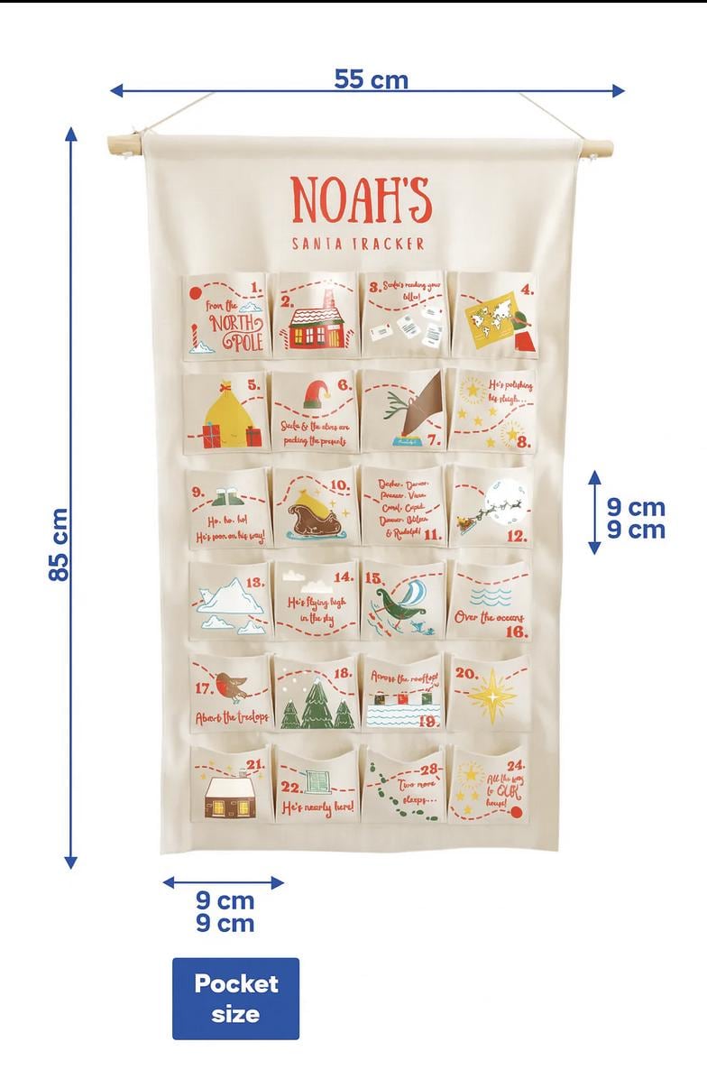 Personalised Fabric Advent Calendar HG 2026 - Santa Tracker - 24 Pocket Reusable Christmas Countdown Wall Hanging - Handmade Keepsake