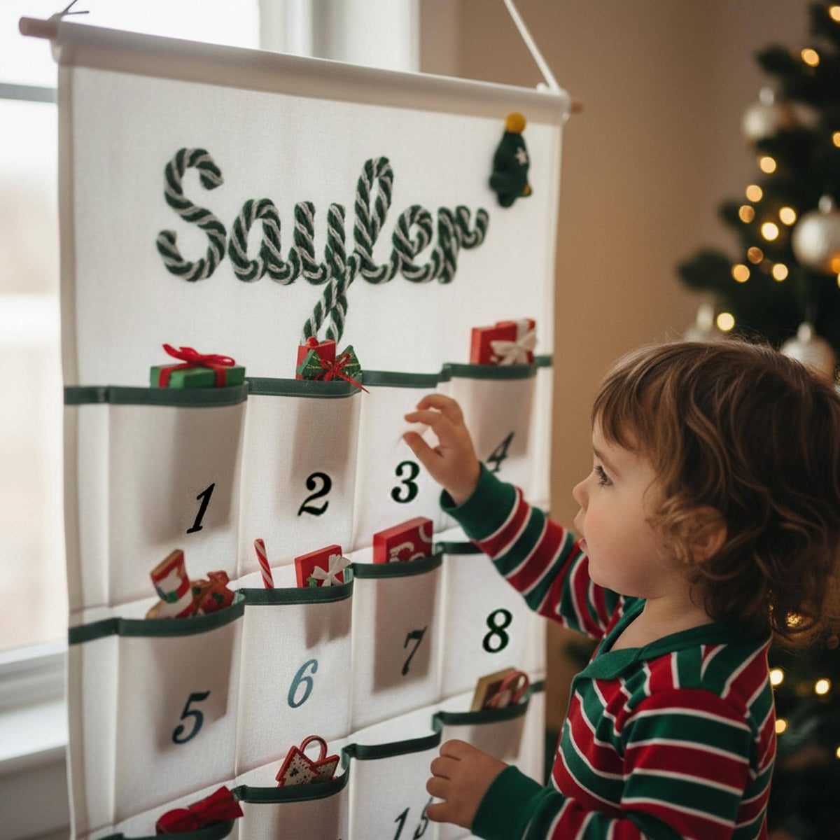 Personalized Handmade Yarn Name Christmas Hanging Advent Calendar HG, Family Tradition