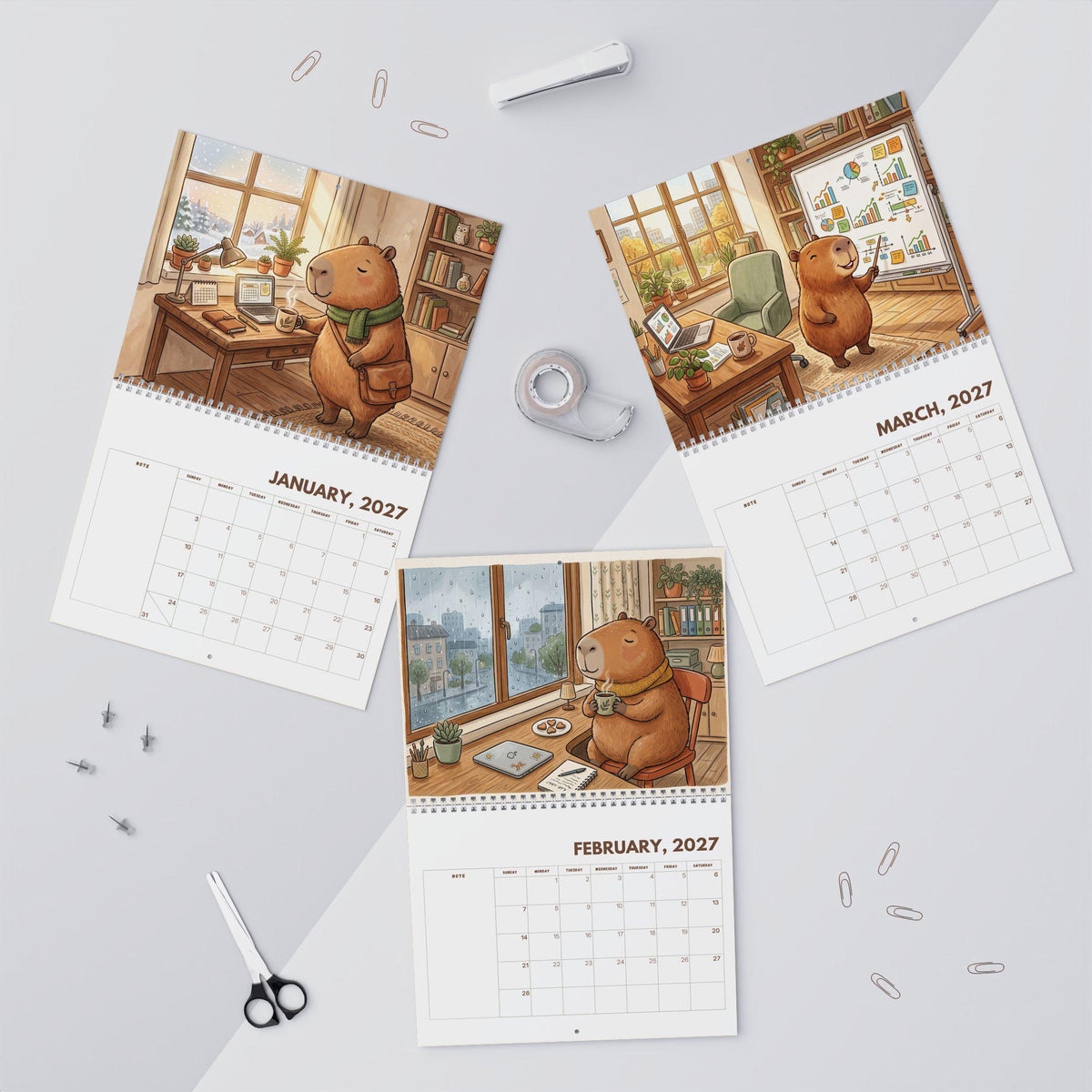 Office Capybara 2027 Wall Calendar, Funny Office Calendar, Cute Capybara Gift, Work Desk Decor, Coworker Gift, Office Humor