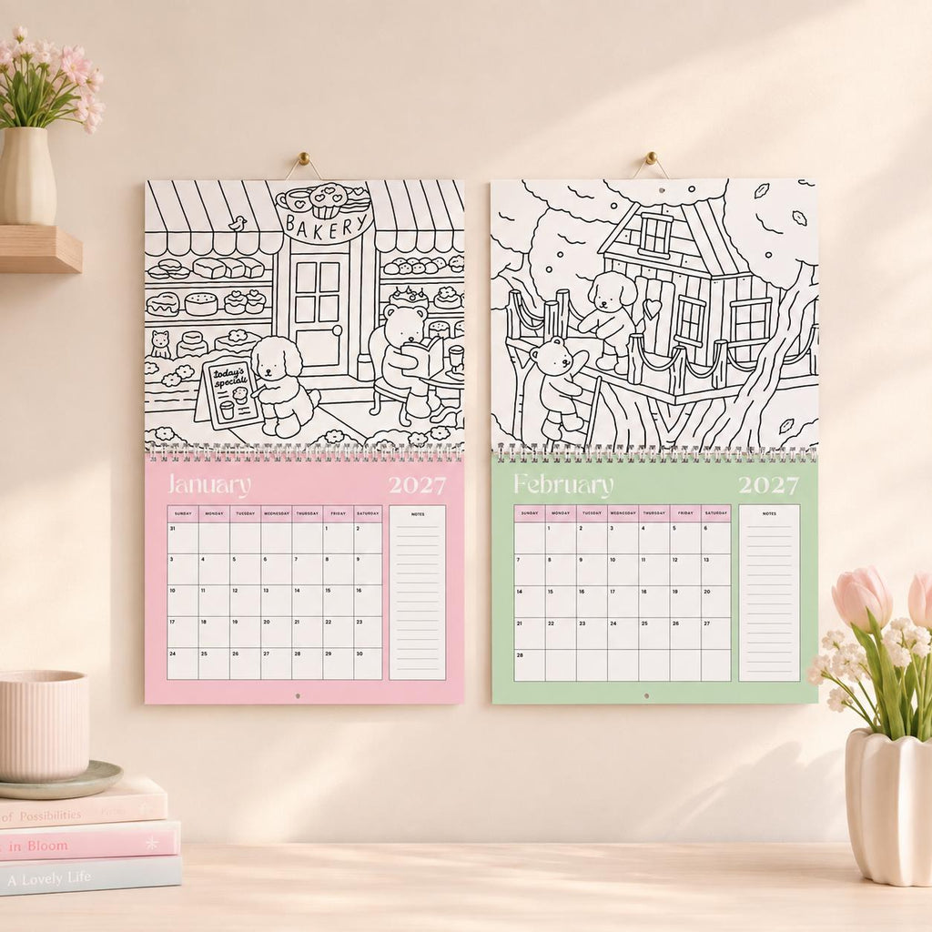 2027 Coloring Book Wall Calendar, Cute Bear Scenes, 11x17 Spiral Monthly Planner