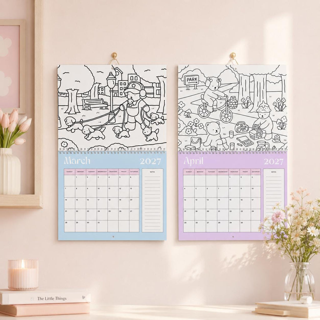 2027 Coloring Book Wall Calendar, Cute Bear Scenes, 11x17 Spiral Monthly Planner