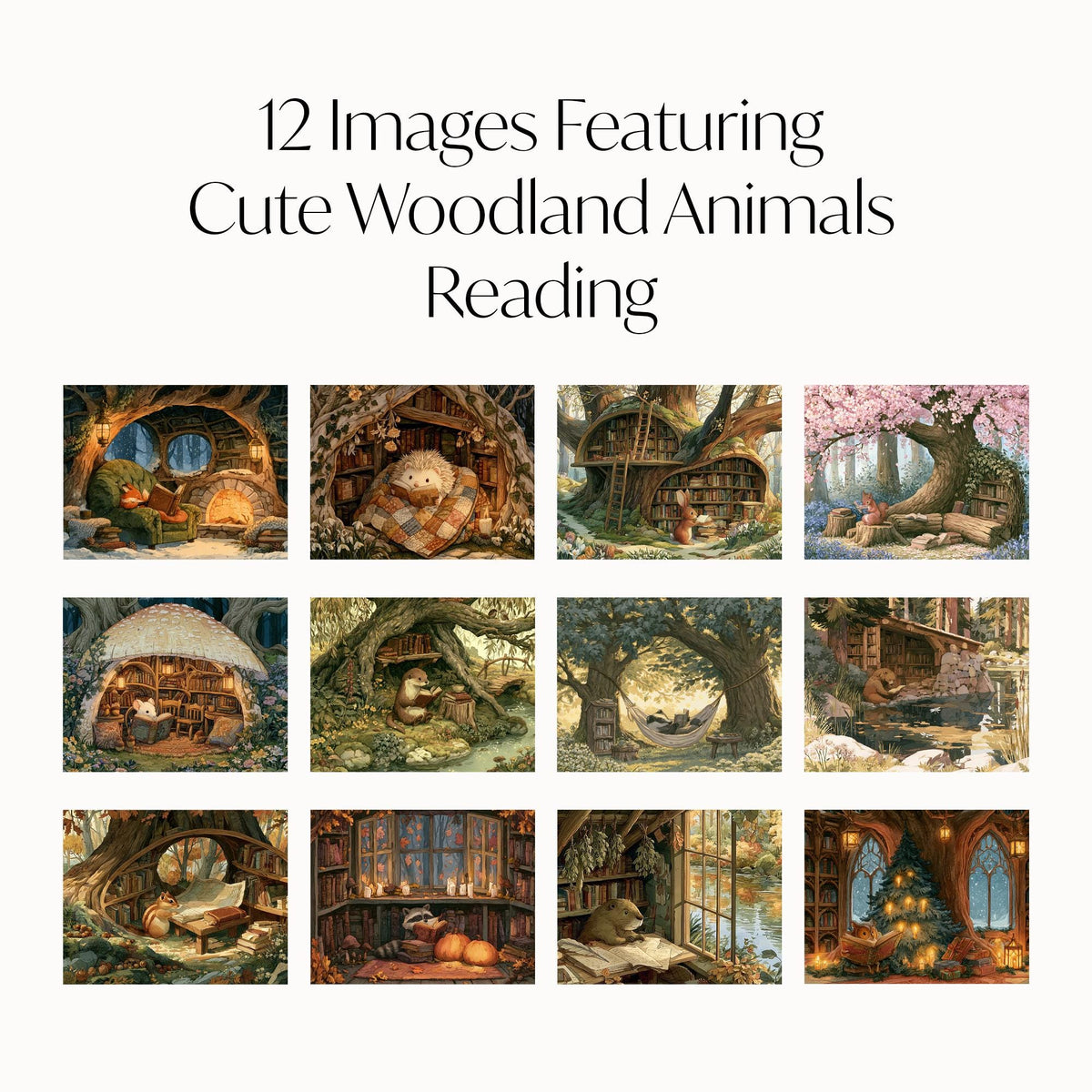 2027 Wall Calendar Woodland Animals Reading Books 12 Month Cozy Cottagecore Forest Library Bookish Art Book Lover Gift
