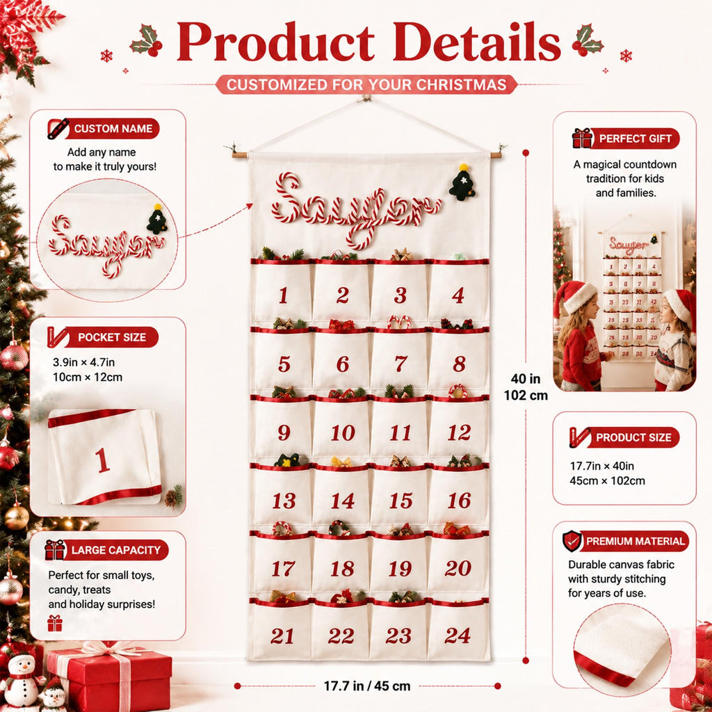 Reusable Christmas Advent Calendar HG, Personalized Name Canvas Wall Hanging with 24 Large Pockets