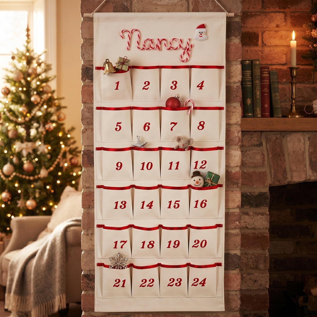 Reusable Christmas Advent Calendar HG, Personalized Name Canvas Wall Hanging with 24 Large Pockets