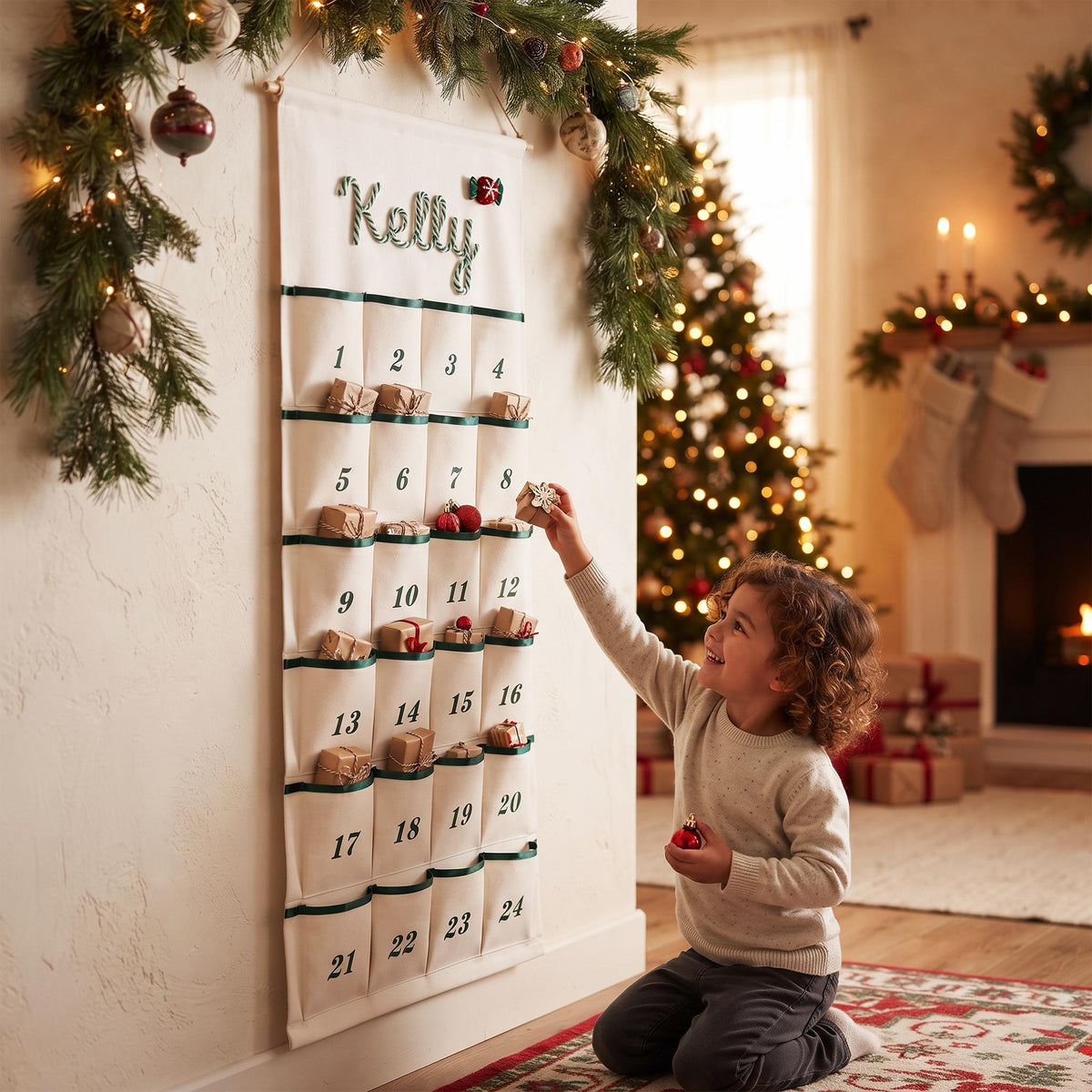 Reusable Christmas Advent Calendar HG, Personalized Name Canvas Wall Hanging with 24 Large Pockets
