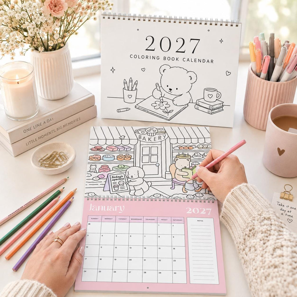 2027 Coloring Book Wall Calendar, Cute Bear Scenes, 11x17 Spiral Monthly Planner