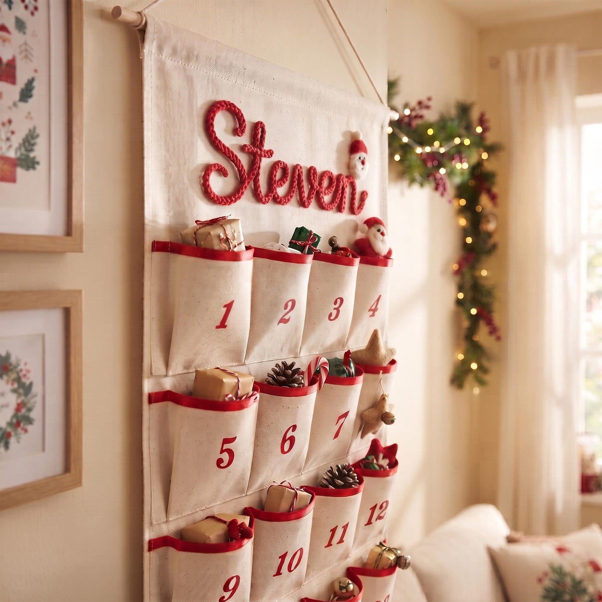 Reusable Christmas Advent Calendar HG, Personalized Name Canvas Wall Hanging with 24 Large Pockets