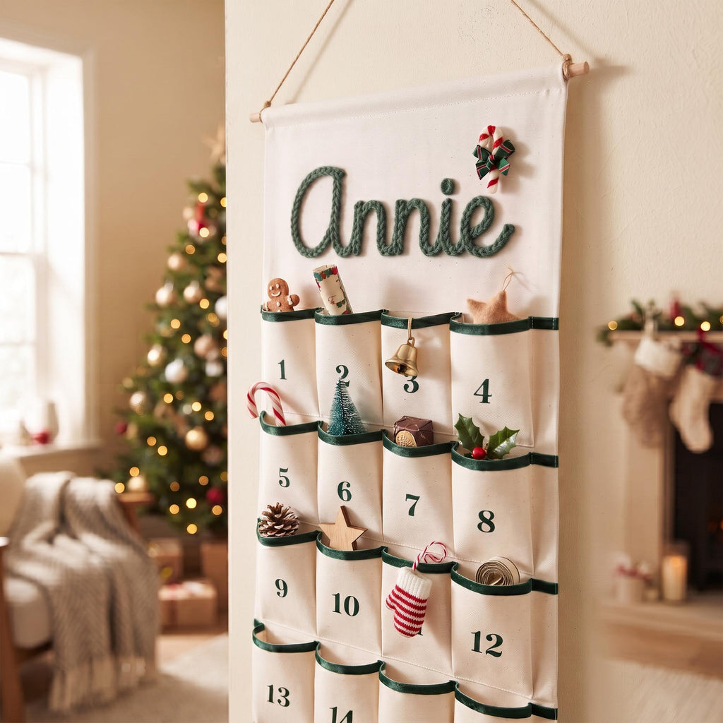 Reusable Christmas Advent Calendar HG, Personalized Name Canvas Wall Hanging with 24 Large Pockets