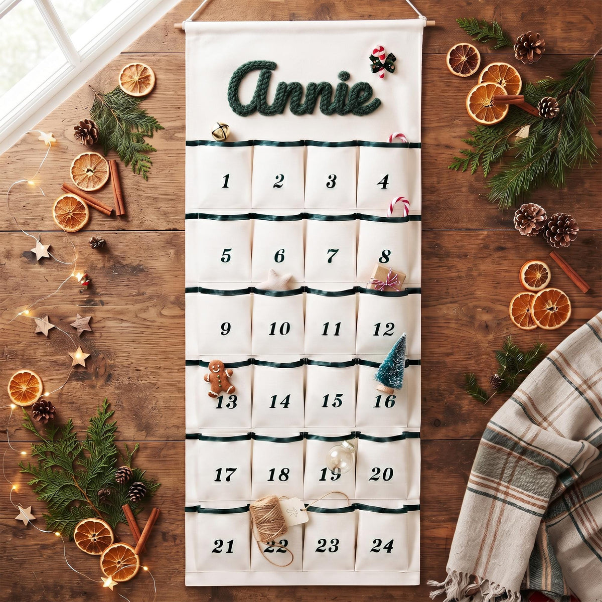 Reusable Christmas Advent Calendar HG, Personalized Name Canvas Wall Hanging with 24 Large Pockets
