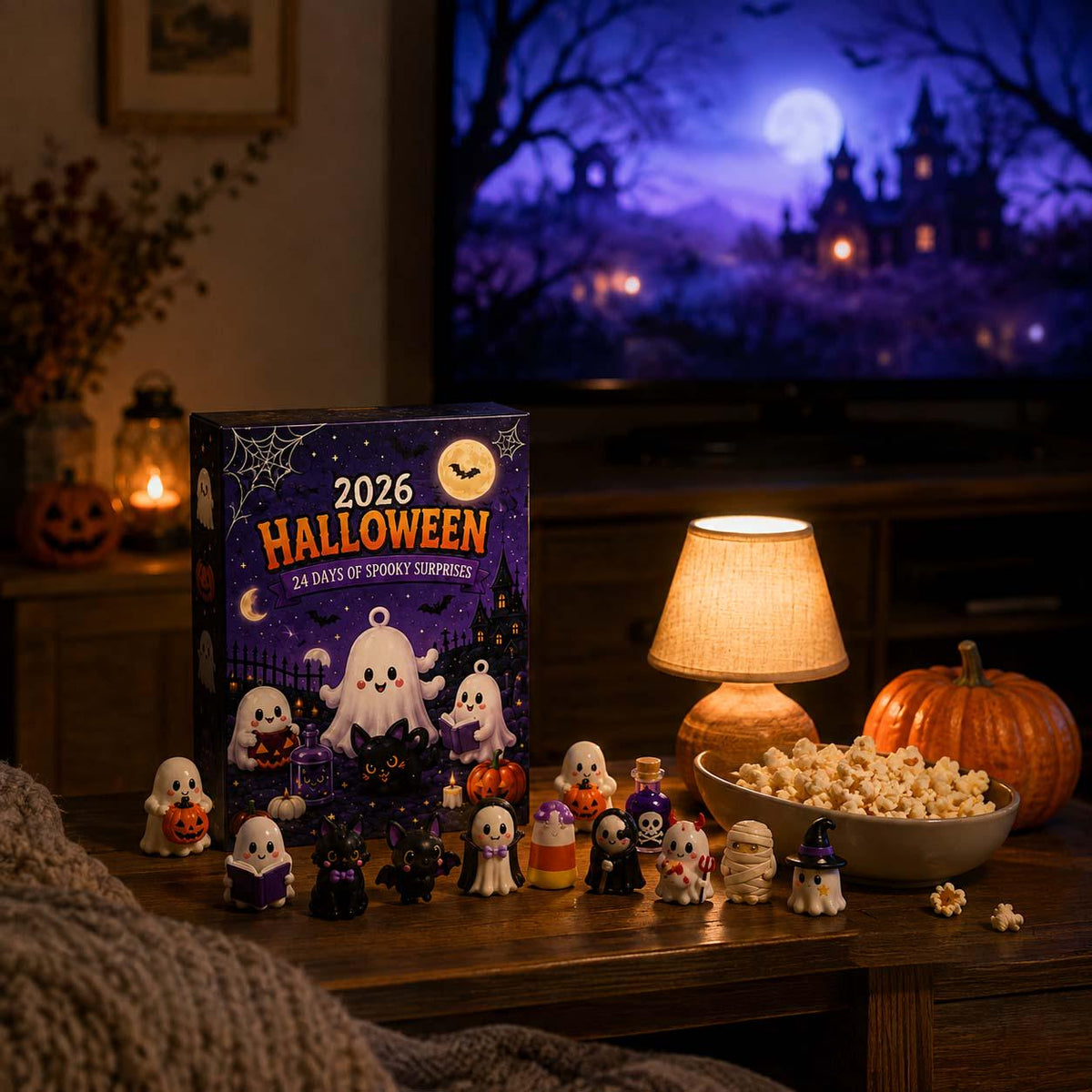 Halloween Mystery Box Advent Calendar HG, 24 Mini Collectible Figures, Ghost Witch Pumpkin Characters, Kids Holiday Surprise Toy
