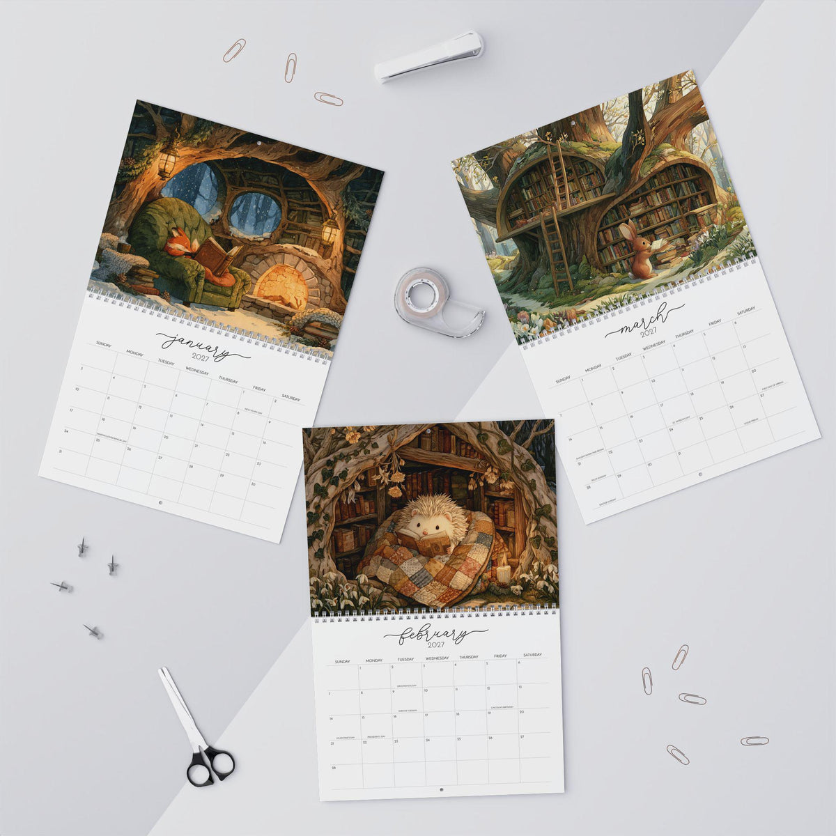 2027 Wall Calendar Woodland Animals Reading Books 12 Month Cozy Cottagecore Forest Library Bookish Art Book Lover Gift
