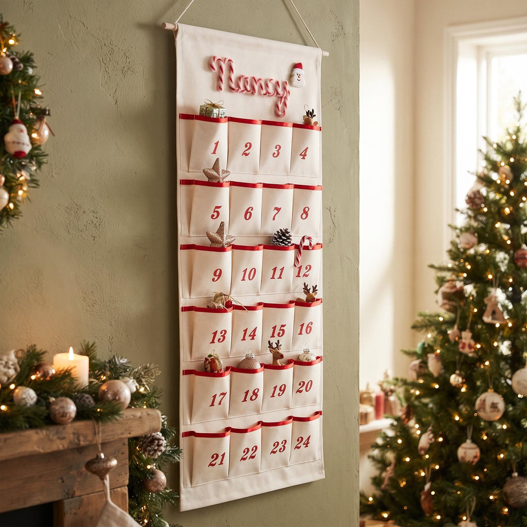 Reusable Christmas Advent Calendar HG, Personalized Name Canvas Wall Hanging with 24 Large Pockets