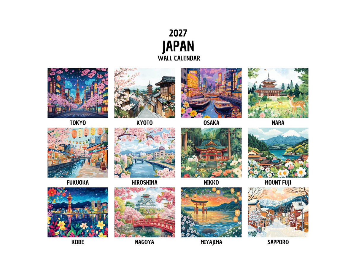 Japan 2027 Desk Calendar - Monthly Travel Desk Decor, Illustrated 12 Month Planner, Gift for Travelers, Japan Lover, Wanderlust, Holiday