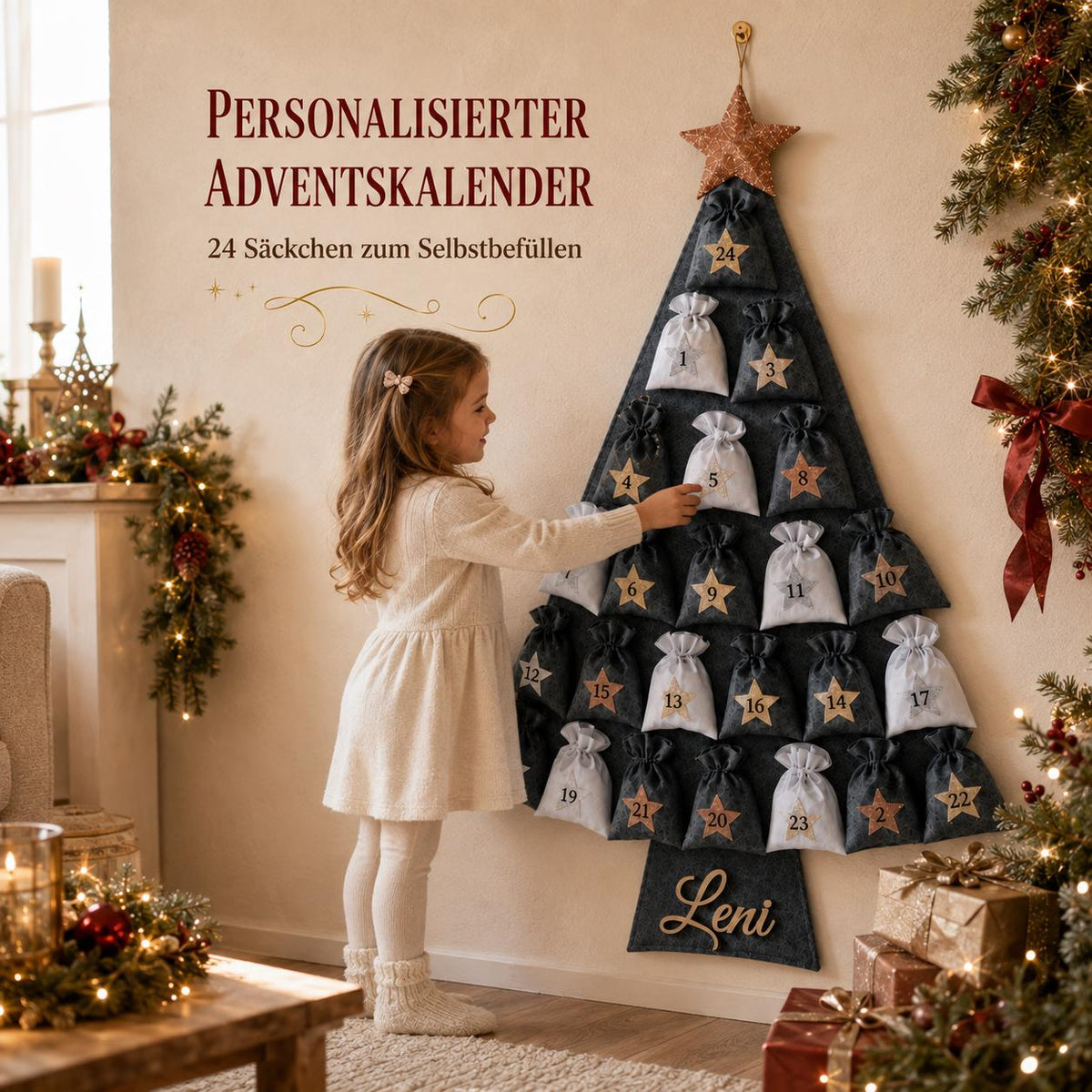 Personalized Felt Advent Calendar HG With Name – Christmas Tree, 24 Fillable Bags, 45 in Tall