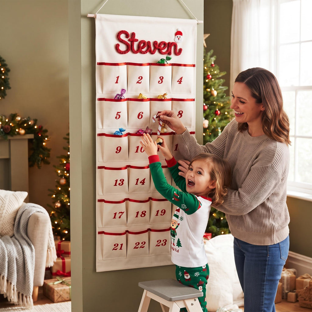 Reusable Christmas Advent Calendar HG, Personalized Name Canvas Wall Hanging with 24 Large Pockets