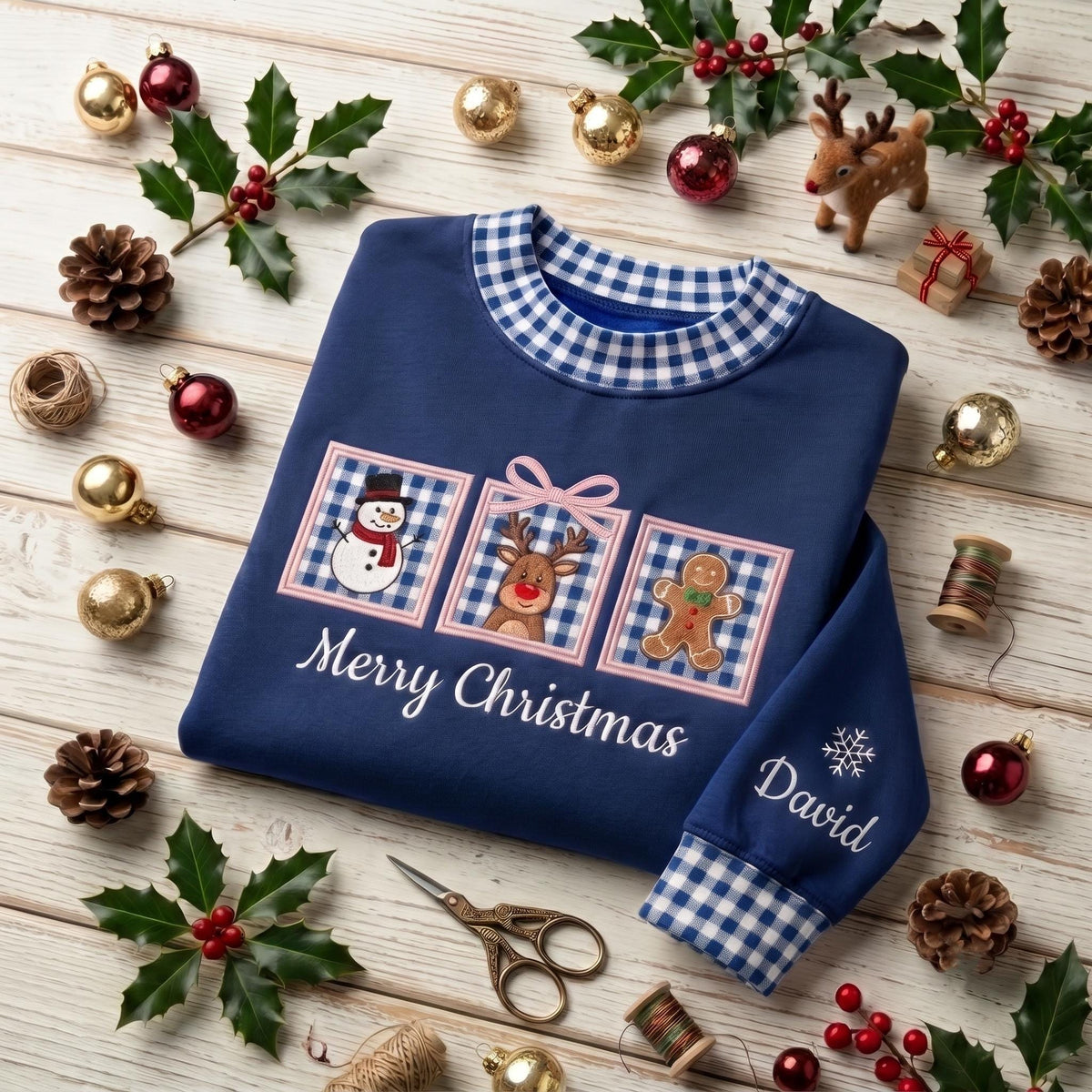 Christmas Gingham Mock Neck HFN Sweatshirt, Applique Gingham Snowman Reindeer Gingerbread Crewneck, Festive Holiday Embroidered Top