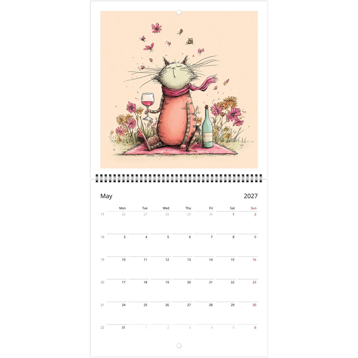 Funny Cats and Wine 2027 Wall Calendar - Cute Cat Lover Gift - Humorous Kitty Decor - 2027 Calendar - Unique Gift for Her