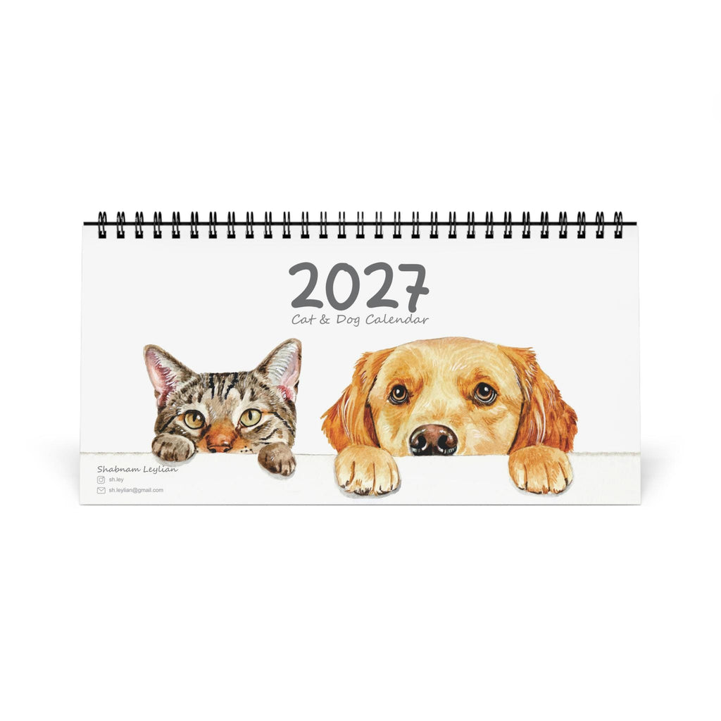 2027 Watercolor Cats & Dogs Desk Calendar | Monthly Pet Desktop Calendar