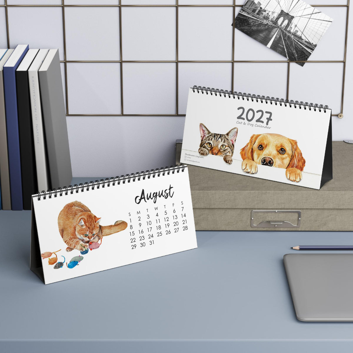2027 Watercolor Cats & Dogs Desk Calendar | Monthly Pet Desktop Calendar