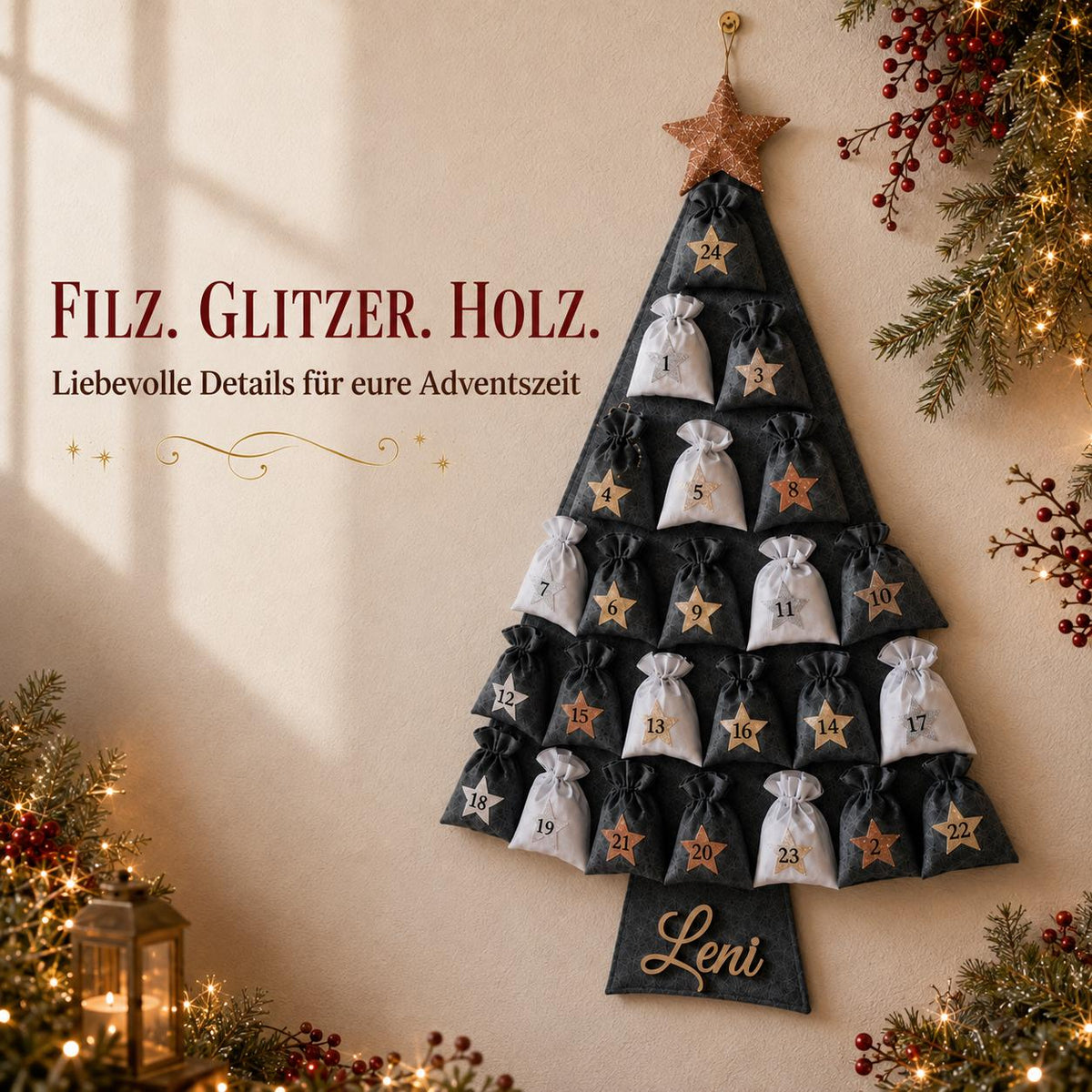 Personalized Felt Advent Calendar HG With Name – Christmas Tree, 24 Fillable Bags, 45 in Tall