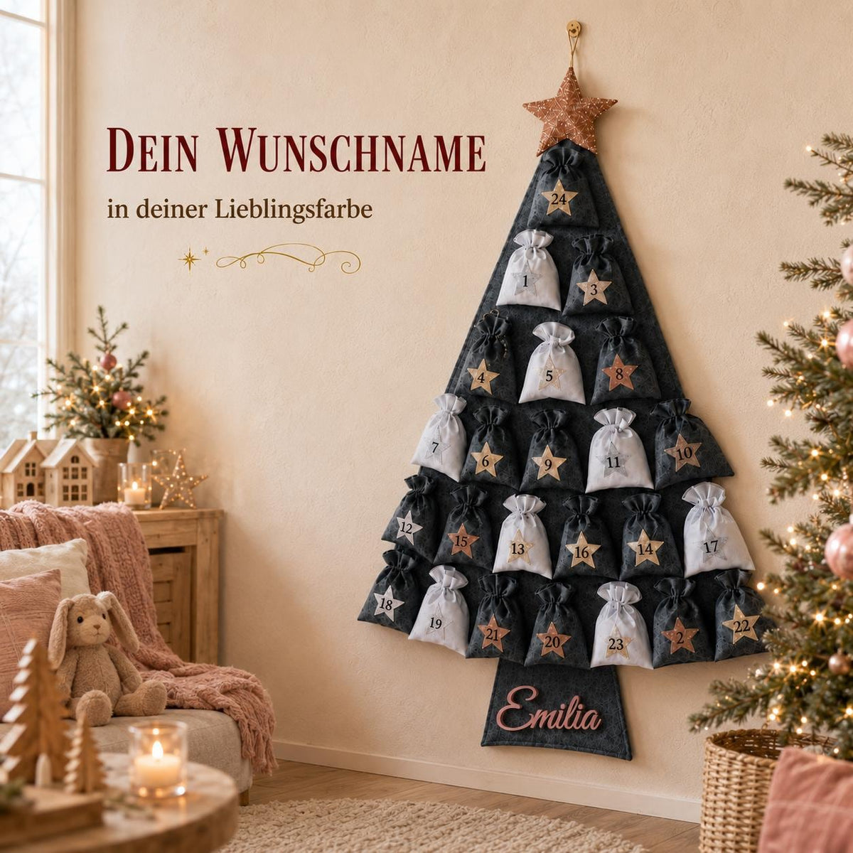 Personalized Felt Advent Calendar HG With Name – Christmas Tree, 24 Fillable Bags, 45 in Tall