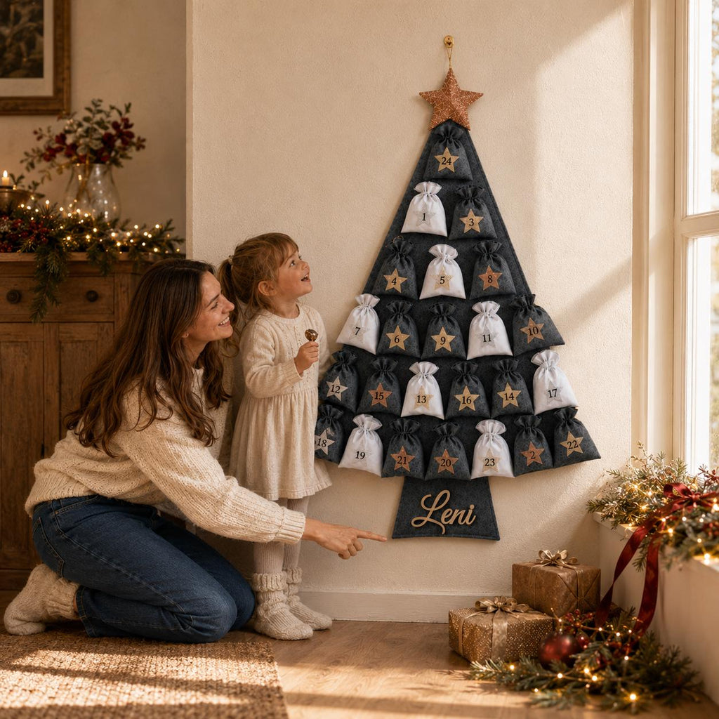 Personalized Felt Advent Calendar HG With Name – Christmas Tree, 24 Fillable Bags, 45 in Tall