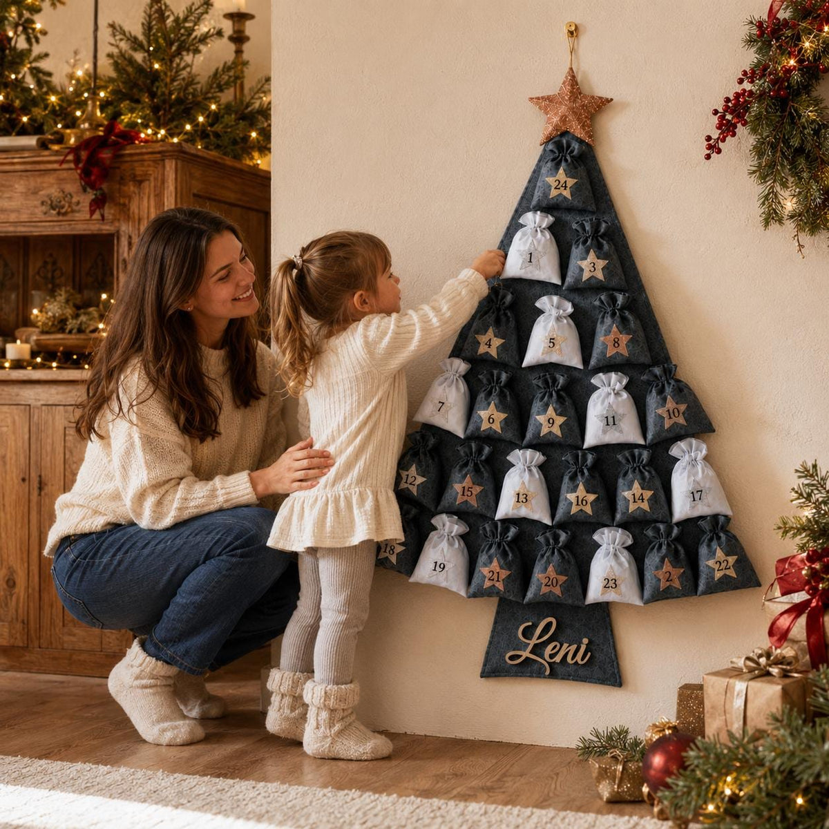 Personalized Felt Advent Calendar HG With Name – Christmas Tree, 24 Fillable Bags, 45 in Tall