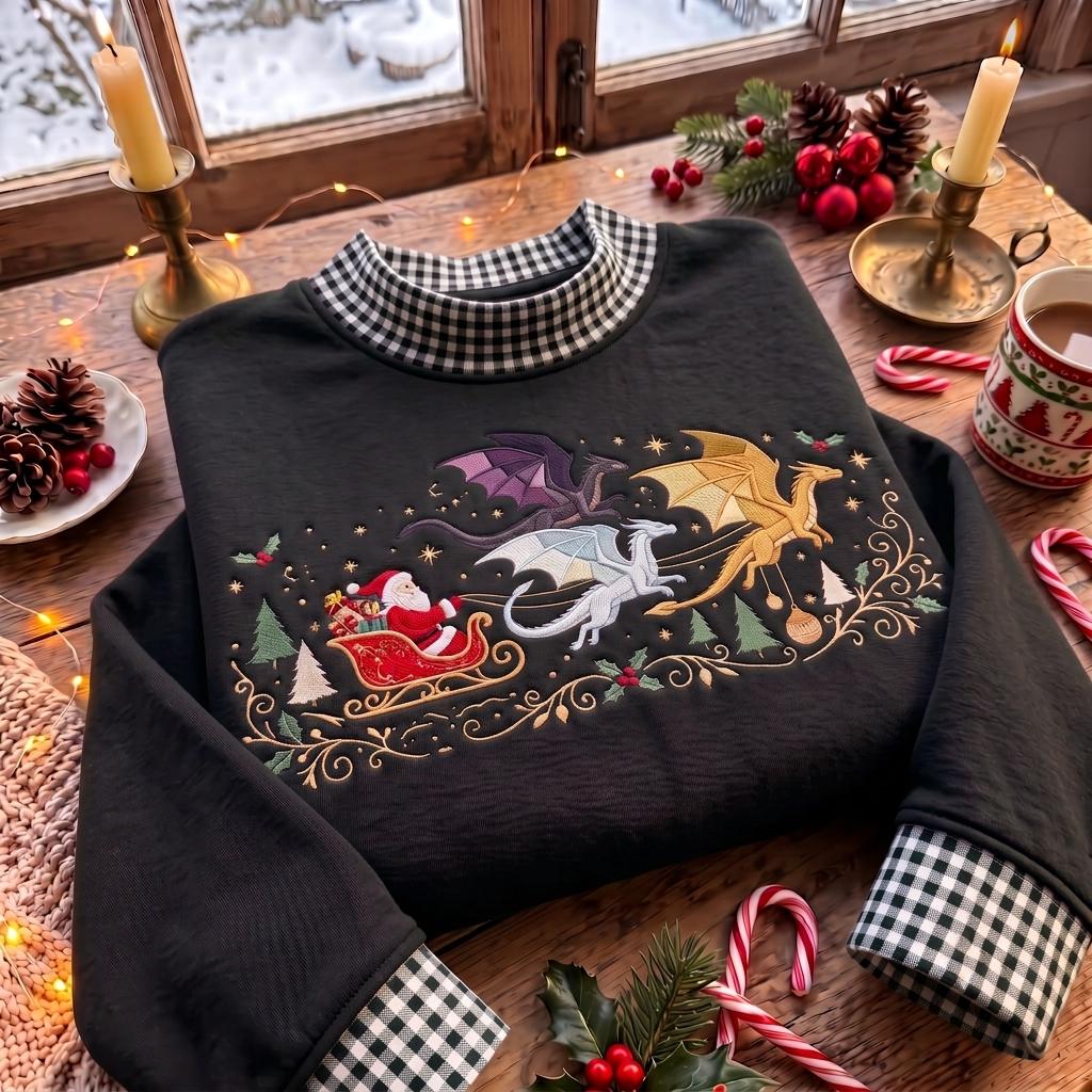 Santa Dragon Gingham Mock Neck HFN Sweatshirt, Embroidered Christmas Dragon Sleigh Sweater, Fantasy Holiday Shirt, Dragon Lover Gift