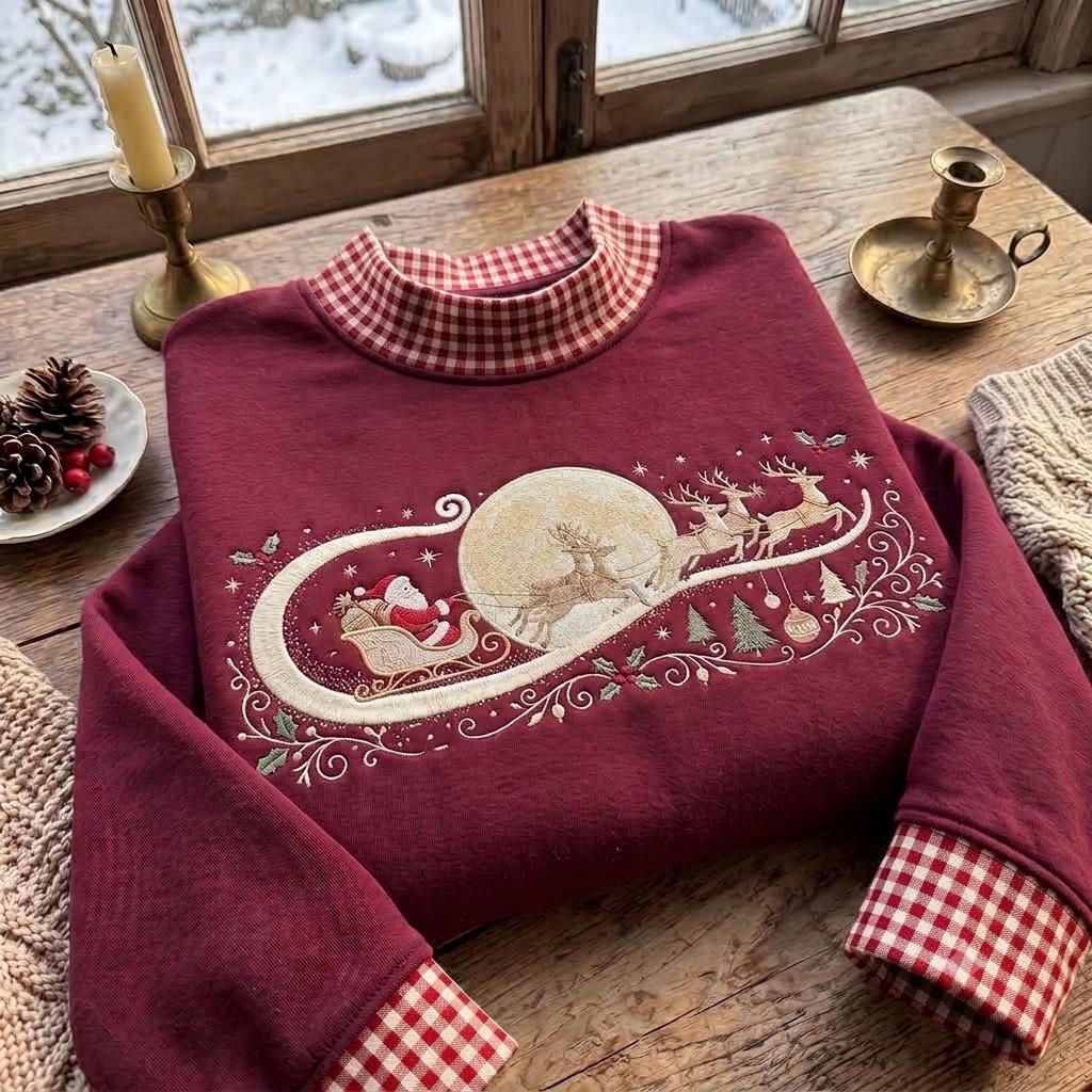 Christmas Gingham Mock Neck HFN Sweatshirt, Embroidered Santa Reindeer Crewneck, Vintage Holiday Pullover, Festive Winter Sweatshirt