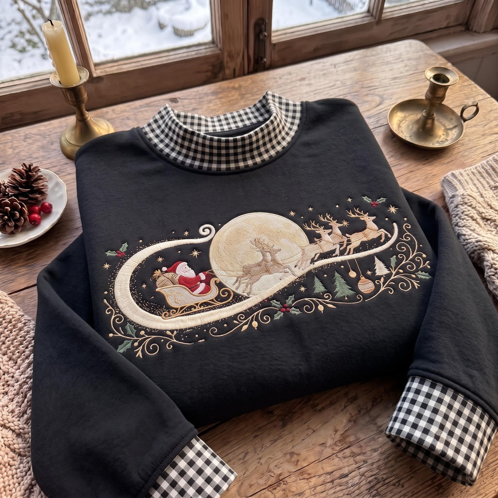 Christmas Gingham Mock Neck HFN Sweatshirt, Embroidered Santa Reindeer Crewneck, Vintage Holiday Pullover, Festive Winter Sweatshirt