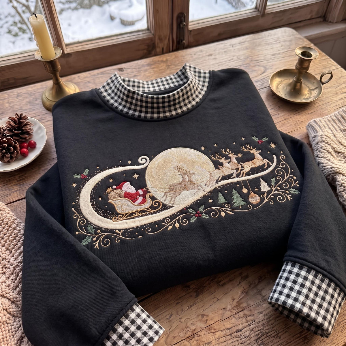 Christmas Gingham Mock Neck HFN Sweatshirt, Embroidered Santa Reindeer Crewneck, Vintage Holiday Pullover, Festive Winter Sweatshirt