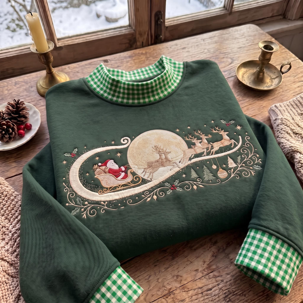 Christmas Gingham Mock Neck HFN Sweatshirt, Embroidered Santa Reindeer Crewneck, Vintage Holiday Pullover, Festive Winter Sweatshirt