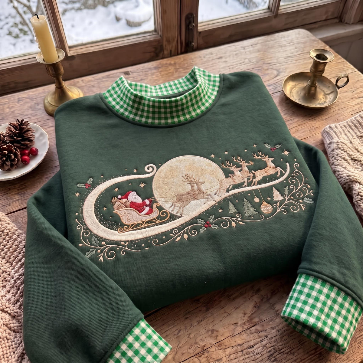 Christmas Gingham Mock Neck HFN Sweatshirt, Embroidered Santa Reindeer Crewneck, Vintage Holiday Pullover, Festive Winter Sweatshirt