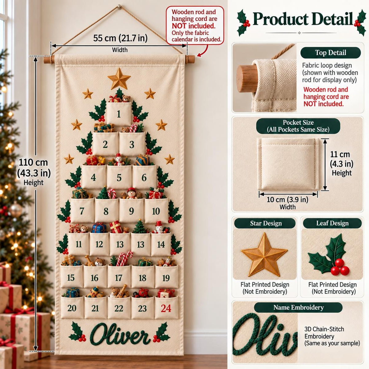 Personalized Advent Calendar HG for Kids, Custom Name 24 Pocket Christmas Countdown, Fabric Hanging Calendar, Sibling Christmas Tradition