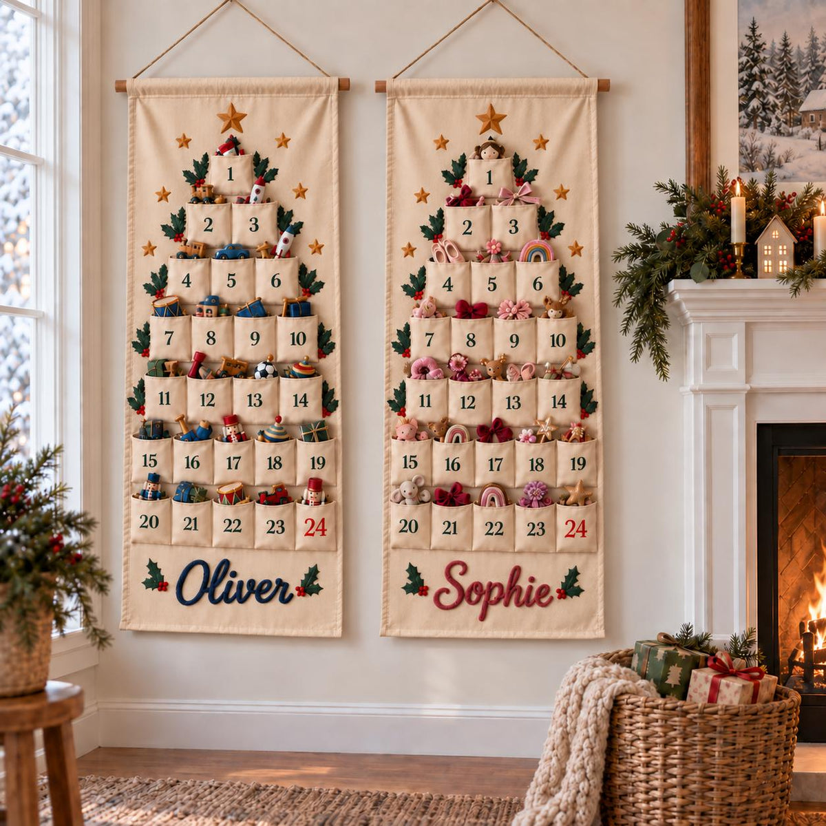 Personalized Christmas Advent Calendar HG, Embroidered Name 24-Pocket Fabric Countdown Organizer, Kids Advent Calendar HG, Reusable Wall Hanging